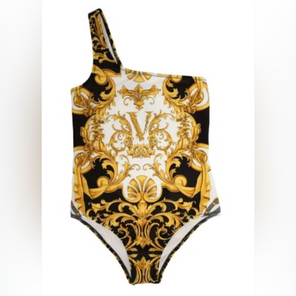 Versace One-Shoulder Swimsuit in Black and Gold kids size 10
